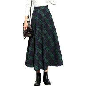 Womens Long Green Elastic Waist A-Line Pleated Tartan Long Plaid Wool Skirts
